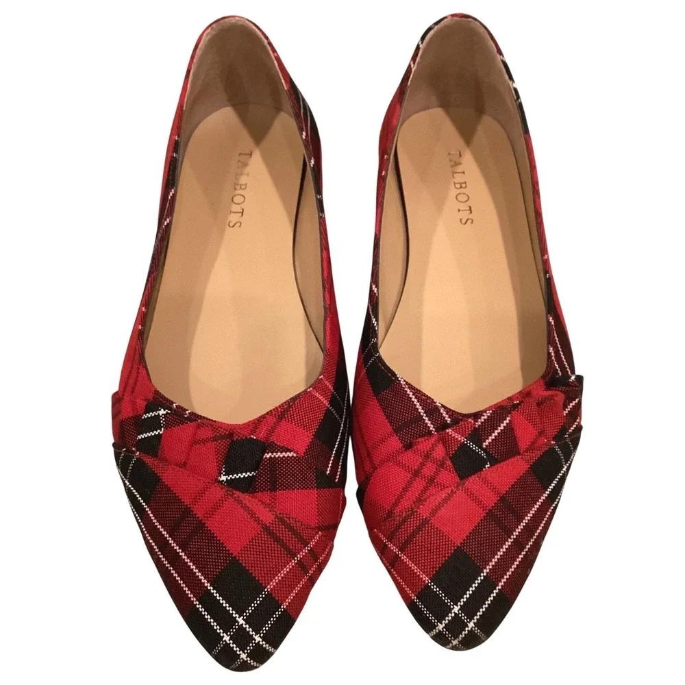 Talbots Edison Pleated Holiday Plaid‎ Pointed Toe Bow Flats Slip On Block - 8.5